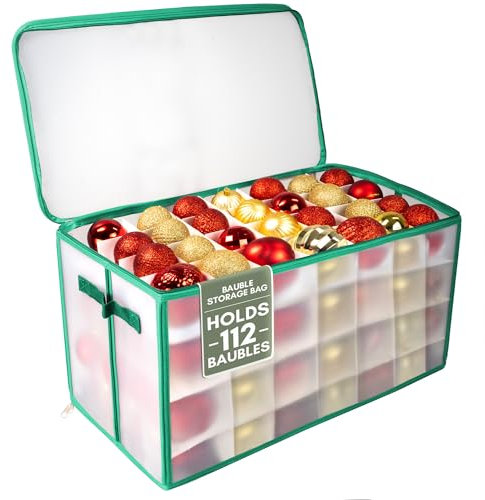 Pelle & Sol Christmas Bauble Storage Box with Dividers for 112 Ornaments, Decoration Storage with Zipped Lid, Handles, Sturdy Design - Perfect Storage Box for Christmas Decorations - Green