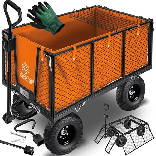 KESSER® Bollerwagen 550kg belastbar Gartenwagen Transportwagen Gartenkarre herausnehmbare Plane Gerätewagen Handwagen vielseitig einsetzbar inkl. Handschuhe Orange