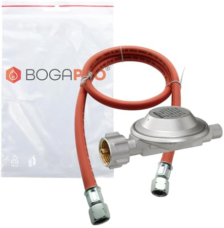 BOGAPRO Regler Schlauch Set mit Campingregler 30 mbar, winterfester Gasschlauch 1/4 lks, mit BOGAPRO Polybeutel, für 3, 5 und 11 kg Propangasflaschen