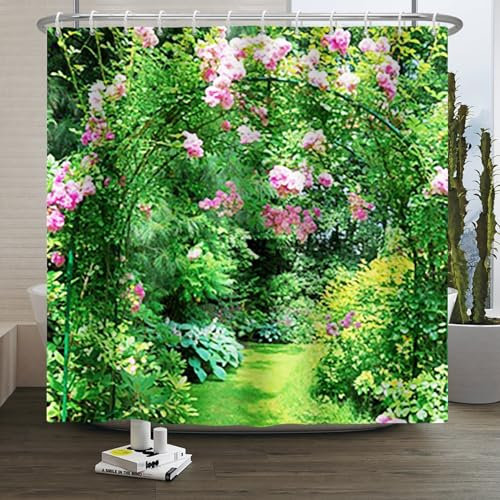 Xiaoterna Frühling Duschvorhang Frühlingsmärchen Enchanted Waldgrüner Badvorhang Bunte Sommer Rosa Blume Garten Schimmelresistent Duschvorhang Maschinenwaschbar Wasserdichter Stoff 180x200cm