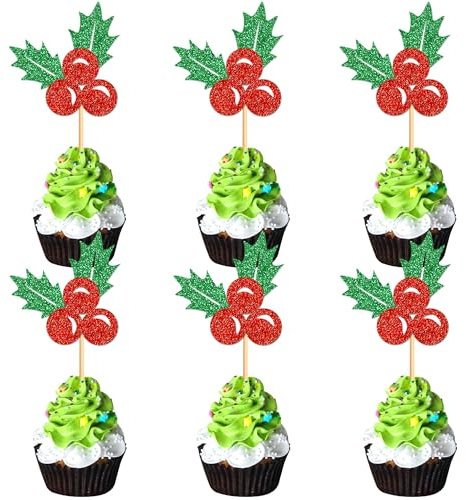 24 Pack Christmas Holly Leaves Cupcake Toppers Picks Christmas Eve Party Cake Baby Shower Birthday Party Cake Decoration Supplies