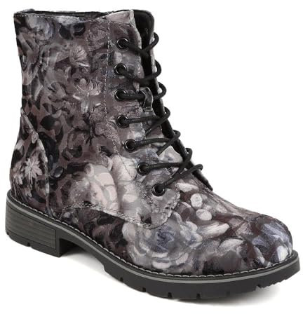 Pavers Stivali da donna, scarpe da combattimento, stivali neri da donna, con lacci, chiusura con zip, tacco piatto, suola resistente, stivali da donna, motivo floreale boho, Motivo floreale grigio.,