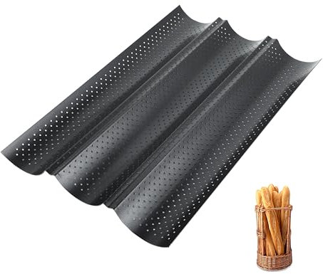 Molde baguette horno con revestimiento antiadherente, bandeja para baguette para 3 piezas, negro, molde para panecillos de 38x25 cm, ideal para hornear pan perfecto en casa.