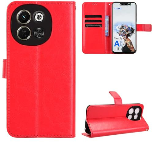 BellaCase Tecno Spark 30 5G Coque [Étui Portefeuille] [Fonction Support] [Slots pour Cartes] [Couverture à Rabat Magnétique] Compatible avec Le Smartphone Tecno Spark 30 5G(Rouge)