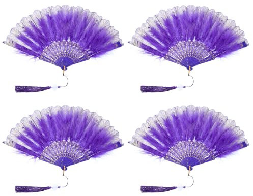 PATIKIL Embroidered Flower Marabou Feather Fan, 4 Pack 1920s Vintage Folding Handheld Fan Chinese Flapper Hand Fan for Costume Party Dancing Wedding Show Tea Decoration, Purple