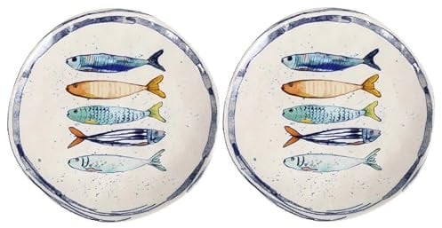assiettes au design méditerranéen avec motif de sardines. Assiettes plates maritimes (26 cm), assiettes creuses (21 cm) ou assiettes à dessert (20 cm) en grès robuste, finition lisse (lot de 2