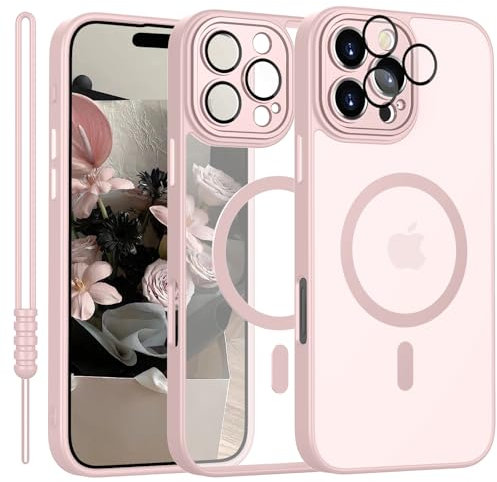 YUANDMI Cover Magnetica per iPhone 16 Pro Max Cover con MagSafe, Custodia Per iPhone 16 Pro Max Traslucida Opaca Case Ultra-Sottile Silicone Anti-Scivolo Resistente ai Graffi, Rosa
