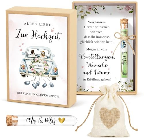 BOFUNX Hochzeitsgeschenke für Brautpaar Geldgeschenk Hochzeit Geld Geschenk Box Inklusive Hochzeitskarte Geschenkbox Kunststoff Reagenzglas Jutesäckchen zur Hochzeit Verlobung Hochzeitstag