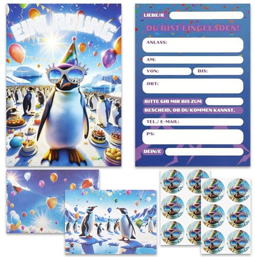 Lezehea 12x Pinguin Einladungskarten Kindergeburtstag Mädchen Junge | Pinguin Einladungskarten mit Umschläge Aufkleber,Einladung Kindergeburtstag,Geburtstagseinladungen Mädchen Pinguin