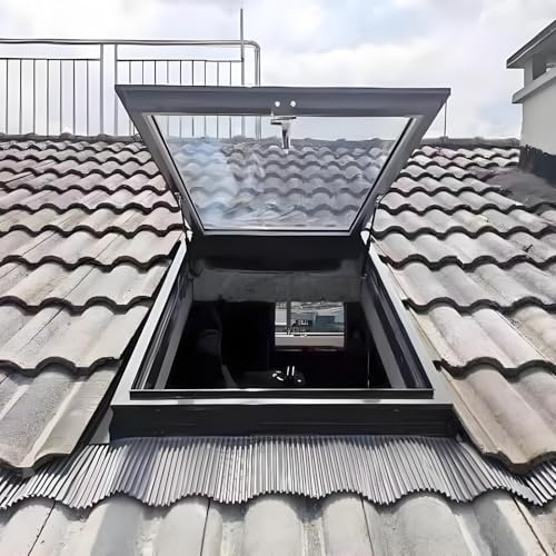 Skylight House Roof Window with Sun-Protection Film and Gloves, Roof Hatch Roof Skylight with Reinforced Glass, Manual Venting Multi-Angle Roof Viewing Window, Customizable for Attic/Sun Room/Basement