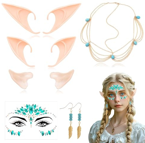 PYSEOSISE Elfenohren Set, 3 Paar Elfen Ohren and Elfen Kopfschmuck, 3 Größen Elf Ears mit Ohrringe und Gesichtsaufkleber Elfenkostüm für Damen Halloween Karneval Cosplay Zubehör