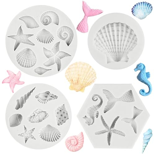 SYEYCW Lot de 4 moules en silicone pour travaux manuels, gâteaux sur le thème marin, moules en argile, moules de cuisson d'animaux de l'océan pour chocolat, bonbons, gâteau, biscuits, argile polymère