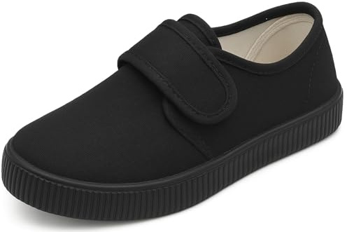 Boys & Girls School Shoes – Black Canvas Plimsolls Touch Fastening Flat PE Pumps Gym Trainers