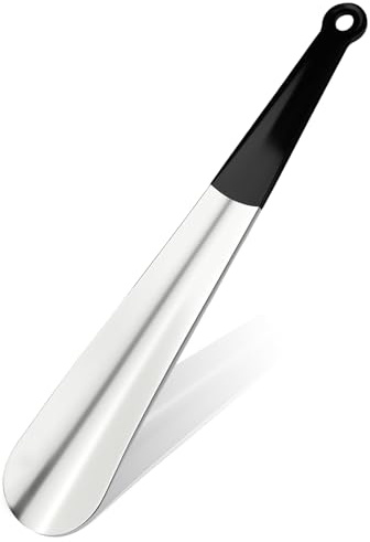 CDRPD 1 x Long Metal Shoe Horn 30 cm, Stainless Steel Shoe Horn 1.8 mm Thick, Long Shoe Sock with Rubber Handle, Metal Shoe Horn with Hole (Silver)