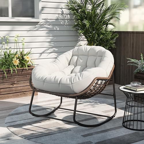 SUNFECILI Schaukelstuhl für den Außenbereich, Relaxsessel aus Rattan, Outdoor Patio Schaukelstühle, bequemer Garten Relaxsessel mit Polsterung für Balkon, Rattansessel Schaukelsessel (Beige)