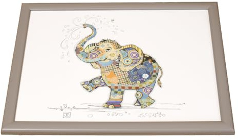 Bug Art Eddie Elephant Lap Tray with Bean Bag Cushion, Grey and White Wood, 44x34cm, Patchwork Design, for TV Dinners and Breakfast in Bed