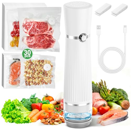 Compact Vacuum Sealer for Food, (Vacuum Sealer Machine + 30 Reusable Vacuum Bags), Handheld Food Vacuum Sealer Machine with Detachable Water Tank, Portable Food Sealer for Chef and Home