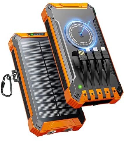 Wireless Power Bank Solare 26800mAh con 4 Cavi, USB-C 15W Ricarica Rapida