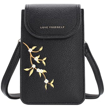 TeeYee Handy Umhängetasche Damen PU Leder Bestickte kleine Schultertasche | Magnetischer Klappverschluss,mit Verstellbarem Träger,für Smartphone bis 6,8 Zoll,Handytasche zum Umhängen,mit Kartenschlitz