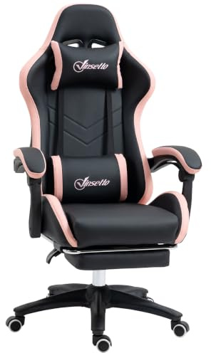 Vinsetto Gaming Stuhl mit Lendenkissen Kopfstütze Fußstütze Schwarz+Rosa | Bürostuhl, Computerstuhl, Gaming Sessel, Höhenverstellbarer Schreibtischstuhl, Kunstleder