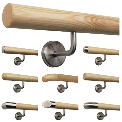 TIBU Kiefer Handlauf Treppen Geländer Handläufer 30-500 cm aus einem Stück mit Edelstahl Halter, Länge 150 cm mit 3 Halter und Ende gefast
