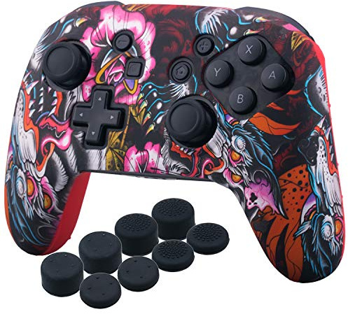 YoRHa Étui de Protection en Silicone avec Impression par Transfert Studded Coque de Protection Uniquement pour Manette Switch Pro Officielle x 1 (Rouge Dragon) avec Embouts Pro x 8