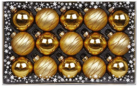 15 Weihnachtskugeln 6 cm mit Streifen - Motive Glas Dekor Geschenkbox Set Christbaumschmuck Weihnachtsdeko Weihnachtsschmuck Deko Weihnachten Kugeln Farbe: Gold Glanz matt