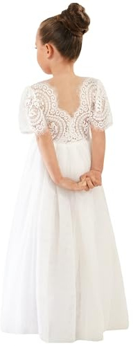 2Bunnies Girl Peony Lace Back A-Line Straight Tutu Tulle Party Flower Girl Dress (White Short Sleeve Maxi, 7/8)