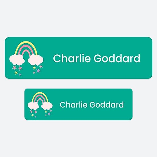 50 x No Iron Medium Personalised Stick On Waterproof Washable Name Labels Great for Clothes, School Uniform, Equipment, Shoes and Much More. School, Nursery, Day Care, Hospital - Unicorn Magic Rainbow