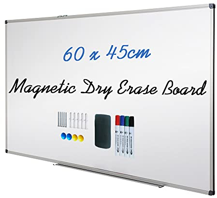 XIWODE Magnetic Dry Erase Board, Wall Mounted Whiteboard, 60 x 45cm, Lightweight White Board, Erase Board Silver Aluminium Framed with Lacquered Steel Surface