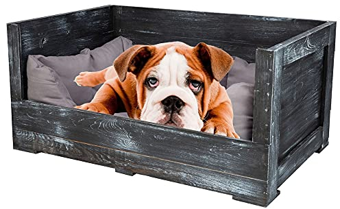 Truhenking Tolles Hundebett aus Holz mit Polsterung Vintage Design inklusive Stoffbett - NEU - 90x60x45cm - Hundesofa