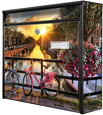 banjado® Burg-Wächter® Briefkasten mit Motiv Amsterdam Mit Rad/Briefkasten ohne Zeitungsfach 32x36x10 cm groß/Briefkasten mit Namensschild A4 Einwurf inkl. Montagematerial & 2 Schlüsseln