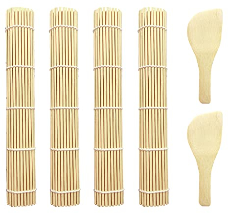 Natte Sushi, Tapis Sushi, Natte Bambou Pour Sushi, Tapis Sushi Bambou, Bambou Sushi DIY Kit , Tapis Bambou, Tapis de Cuisine en Bambou pour Sushis, 4 Tapis de Sushi de roulement, 2 Palette de Riz