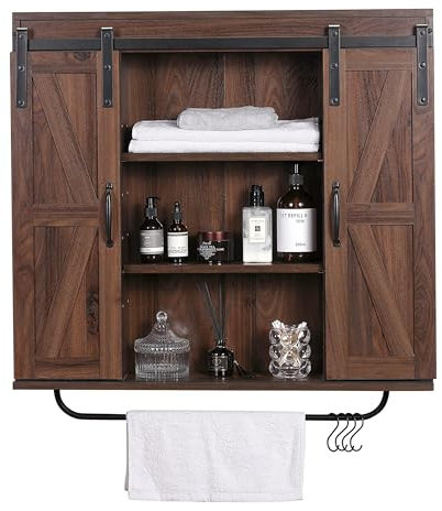 RUSTOWN Armoire de rangement murale en bois rustique avec deux portes coulissantes, armoire décorative à 3 niveaux pour cuisine, salle à manger, salle de bain, salon, noyer foncé