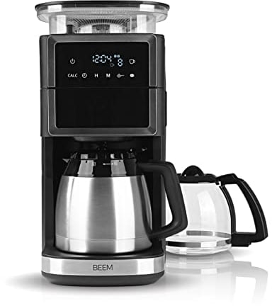 BEEM FRESH-AROMA-PERFECT III Cafetière filtre avec moulin - Duo | avec cruche isolée et en verre | moulin à cône et fonction aroma-plus | minuterie de 24 heures | jusqu'à 10 tasses chacune