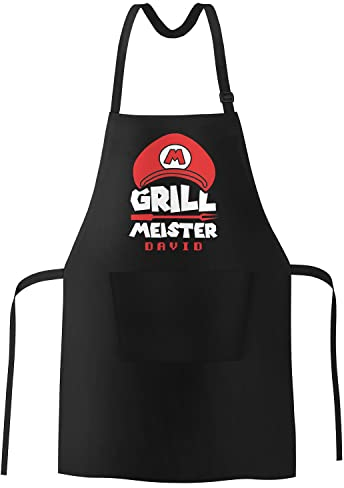 MoonWorks® Grill-Schürze für Männer mit Name Grillmeister Super-Griller Parodie Videospiel-Figur lustig Super Rot schwarz Herren