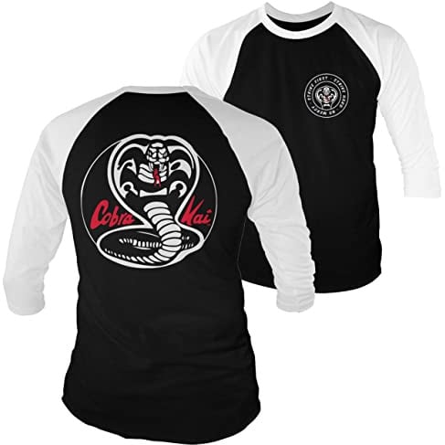 Cobra Kai Offizielles Lizenzprodukt Weiß Patches Baseball 3/4 Ärmel T-Shirt (Weiß-Schwarz)