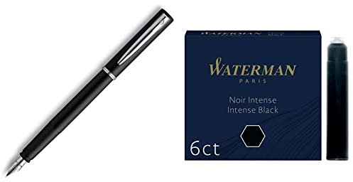 Waterman Graduate Allure Stylo-plume, Laque Noir Mate, encre bleue, emballé Sous Blister & cartouches d’encre pour stylo plume | format standard international « petit » | Noir Intense | boîte de 6