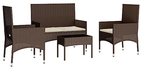 vidaXL Garten Lounge Set 4-TLG., Gartenmöbel Set mit Kissen, Sitzgruppe für Garten Terrasse, Loungemöbel Bank Stuhl Tisch, Braun Poly Rattan