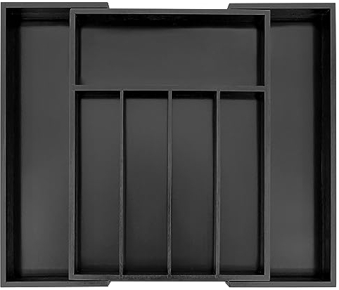VaeFae Besteckkasten für Schubladen aus Bambus,Verstellbarer Besteckkasten Holz,Schubladen Organizer Küche, Besteckeinsatz für Löffel, Gabeln, Messer (schwarz)