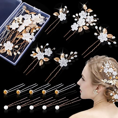 15 Stück Haarschmuck Hochzeit Set, Hochzeit Haarnadeln mit Perlen und Blume, U-förmig Haarspangen Strass, Haarnadeln Hochzeit, für Braut und Brautjungfer(Golden, 3 Stil)
