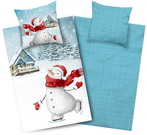 Aminata kids - Biber Kinderbettwäsche 135x200, Schneemann-Motiv, Jungen und Mädchen, 100% Baumwolle, Reißverschluss - Warm, Weich & Kuschelig - Winter-Wende-Bettwäsche-Set, Flanellbettwäsche