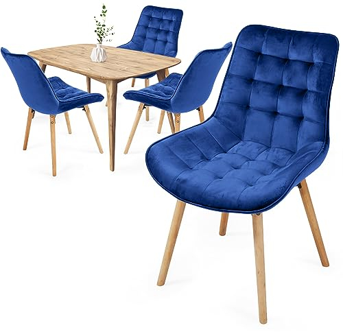 MIADOMODO® Esszimmerstühle - Farbwahl, 2/4/6/8 Set, Sitzfläche aus Samt, gepolstert, Beine aus Buchenholz, mit Rückenlehne - Polsterstuhl, Küchenstuhl, Retrostuhl, Wohnzimmerstuhl (Blau, 4er)