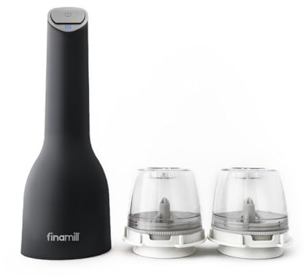 FinaMill USB Rechargeable Pepper Mill & Spice Grinder | Adjustable Coarseness, Ceramic Grinding Elements, One Touch Operation with LED Light | Includes 2 Quick-Change PRO Plus Pods | Midnight Black