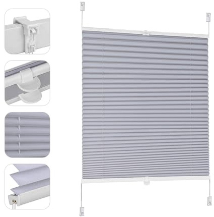 Sekey Plissee ohne Bohren Verdunkelung, Fenster Plissee Klemmfix Jalousie 115 cm breit, Verspannt Blickdicht Sonnenschutz Fensterollo, 115x130cm, Blaugrau