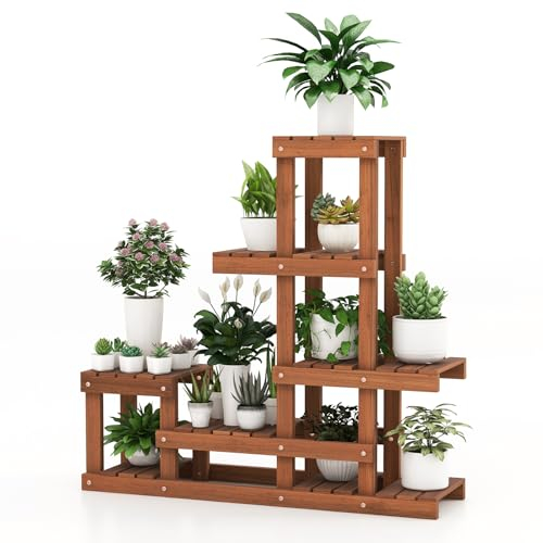 HOMASIS Supporto per Fiori con 6 Livelli, Scaffale Porta Piante in Legno, Porta Piante da Interno con 10 Ripiani per Balcone, Giardino, Terrazza, Marrone