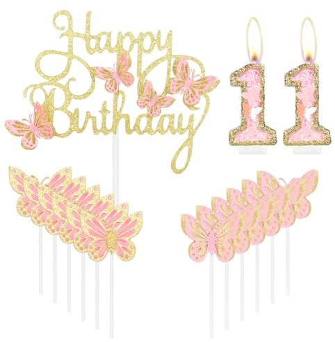 mciskin Gold Pink Happy 11th Birthday Candles,Butterfly Cake Decorations,Gold Pink Number 11 Candle for Cake Toppers Girls,Glitter Butterfly Topper for Girls' 11th Birthday Decorations
