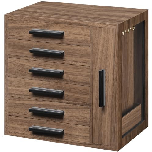 HOOBRO Schmuckkästchen, 6-lagige Schmuckschatulle aus Holzwerkstoff, Schmucktruhe im Retro-Stil mit Vitrine, für Ohrringe, Halsketten, Ringe, Walnuss und Schwarz EBH12JB04