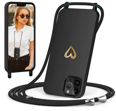 ScandiCasis Handykette für iPhone 14 Pro mit Band, Handyhülle mit Schnur zum Umhängen, Weiche TPU Silikonhülle mit Band [Verstellbar] [Abnehmbar], Love Design Halskettenhülle, Schwarz