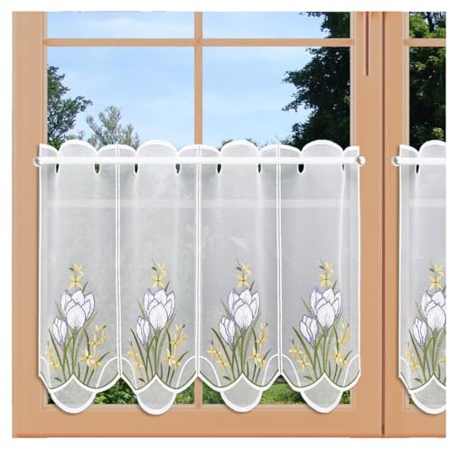 Frühlings-Scheibengardine Krokusblüte aus Echter Plauener Spitze Scheibenhänger für Frühling und Ostern 40 x 96 cm